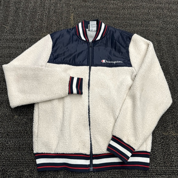 Champion Other - Off-White Sherpa Men's Small Varsity Trim Blue & Red Bomber Champion‎ Jacket